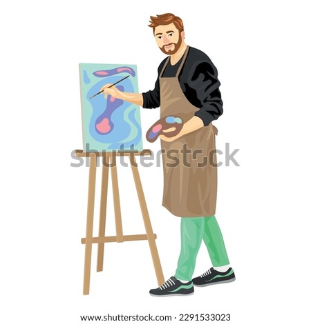 Male artist painting picture on white background