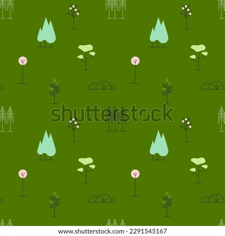 Simple trees pattern seamless. Minimal nature forest or park. Line plants colorful botanical scandinavian print. Decor textile, wrapping paper, wallpaper design. Spruce pine oak. Vector isolated set