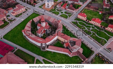 Aerial view of Prejmer fortified Church, located in Brasov county, Romania. Photography was shot from a drone with camera lowered for a top view of the fortification.