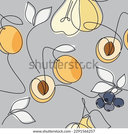 Fruit seamless pattern vector. Line continuous background illustration. Apricot, pear, blueberry backdrop. Wallpaper, fabric, textile, print, wrapping paper, product package design, cartoon, doodle.