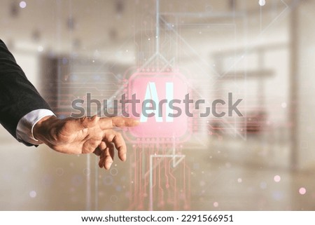 Man hand clicks on creative artificial Intelligence symbol hologram on blurred office background. Double exposure