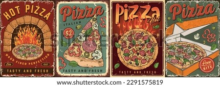 Hot pizza vintage posters colorful for advertising traditional Italian cuisine and advanced delivery from pizzerias vector illustration