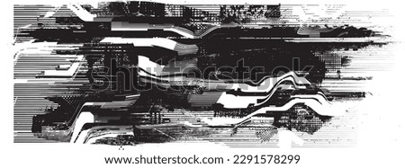 Glitch distorted grunge layer  . Noise destroyed texture . Trendy defect error shapes . Overlay grunge texture . Distressed effect .Vector shapes with a halftone dots screen print texture. Royalty-Free Stock Photo #2291578299