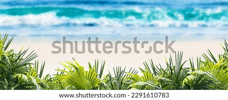 defocused tropical sand beach with blurred water wave and fresh green palm leaves in forground, beautiful background concept with product presentation space for travel relaxation vacation Royalty-Free Stock Photo #2291610783