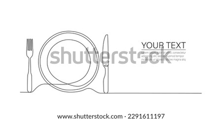 One continuous line drawing of fork, knife and plate top view. Single line drawing of food tools for restaurant menu, poster or banner in simple linear style. Sketch. Minimalist vector illustration Royalty-Free Stock Photo #2291611197