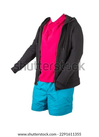 men's black hooded jacket, red shirt with a button-down collar and sports blue shorts isolated on white background. fashionable casual wear