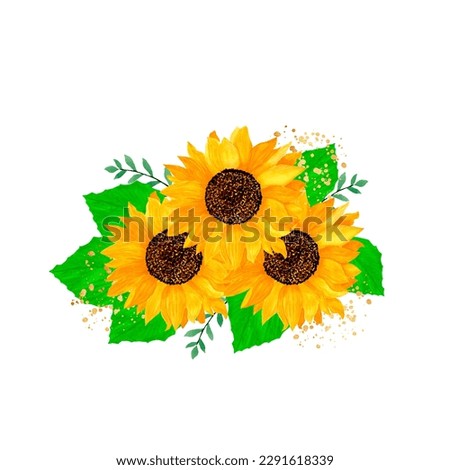 Watercolor sunflower and green leaves  illustration sublimation 