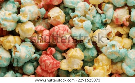 Colored popcorn. Close-up of Sweet popcorn, top view.  