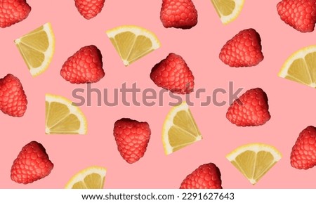 a pattern created from raspberries and lemon slices with a colored background, isolated raspberries and lemons
