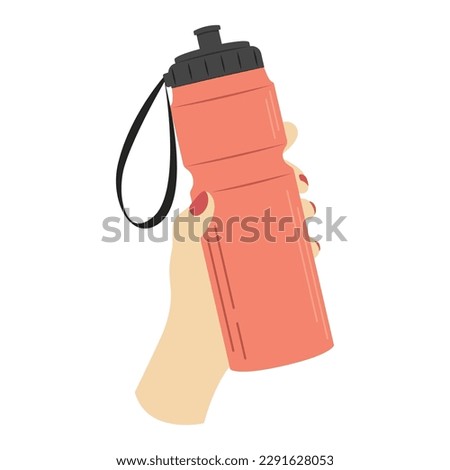 Vector illustration of red sports water bottle in a female hand on a white background. The concept of a healthy lifestyle, water balance. Image for sports design, stickers, web design elements, banner