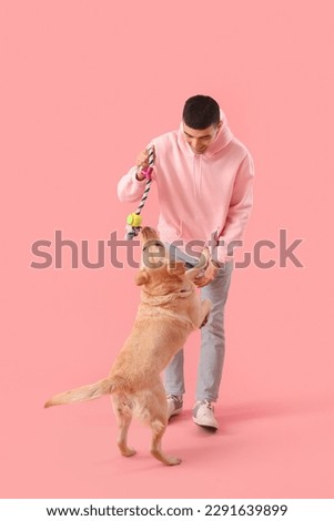 Young man playing with cute Labrador dog on pink background