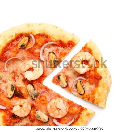 Tasty seafood pizza on isolated white background, closeup