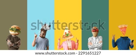 Set of people with unhealthy food instead of their heads on colorful background Royalty-Free Stock Photo #2291651227