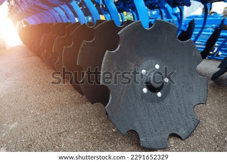 Working parts of new modern agricultural disc cultivator or harrow.