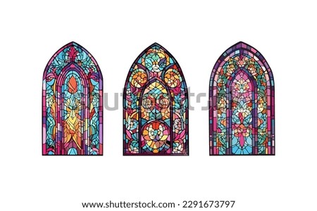 A set of church panes decorated with colored mosaic glass in different shapes.Beautiful collection of vitreous paint windows with an abstract Catholic or Christian decorations. Royalty-Free Stock Photo #2291673797