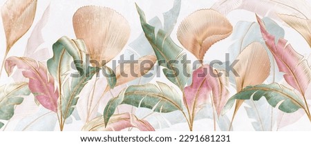 Abstract luxury art background with exotic leaves in watercolor style with golden art line elements. Botanical banner with tropical plants for wallpaper design, decor, print, textile.