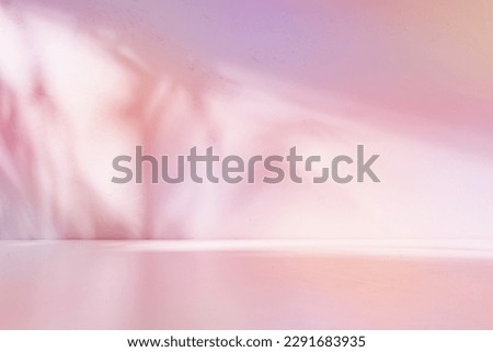 Empty table on bright pink wall background. Backdrop with leaves shadow on the wall.