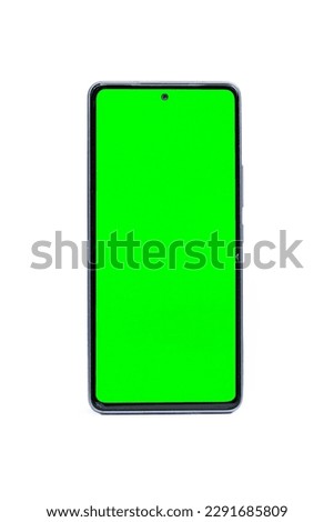 Cell phone with green screen, full white background, vertical, without cover