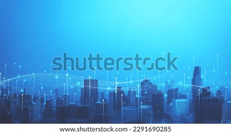 Smart city and big data network connection. capital large business district skyscrapers with abstract dots connect in complex undulating pattern. Concept of modern technology and business