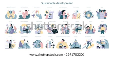 Sustainability concept set. Environmental protection and social responsibility. Climate and nature preservation. ESG and CSR, business and society footprint. Flat vector illustration Royalty-Free Stock Photo #2291703301