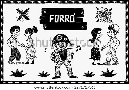 Forró, traditional party from the northeast of Brazil. Dancers and accordionist. art in woodcut and cordel style. Royalty-Free Stock Photo #2291717365