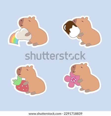 Set of cute capybara hold various object stand on white background.Friendly animal character cartoon design.Flower, strawbery, ice cream, rainbow, hand drawn. Kawaii.