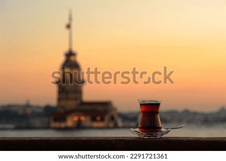 Turkish tea on the background of the Bosphorus, Istanbul.
