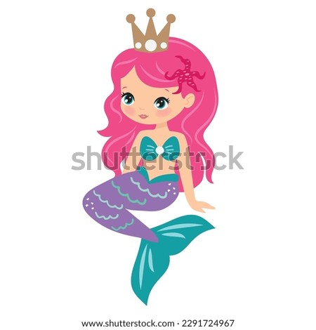 Cute sitting sea princess mermaid vector cartoon illustration Royalty-Free Stock Photo #2291724967