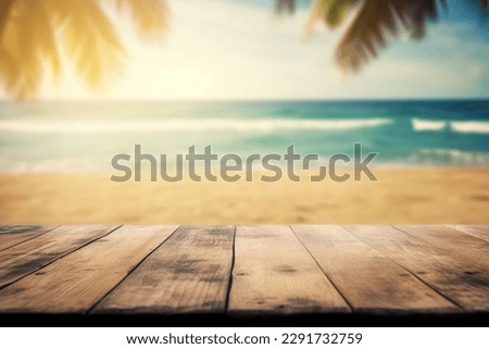 Summer holiday background for product display. Empty wooden table on a beautiful blured tropical beach background