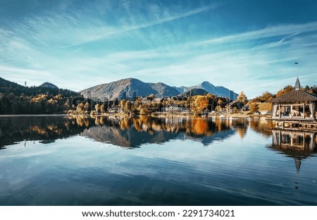 Amazing countryside scenery in alps at sunny day. Brauhof village on a Grundlsee lake. Austria. Amazing nature landscape. Picture of village park. concept of Travel and holiday on nature.