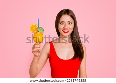 Travel trip chill out resort people person joy fun concept. Closeup photo portrait of pretty excited joyful cheerful rejoicing with beaming smile lady holding glass in hand isolated bright background