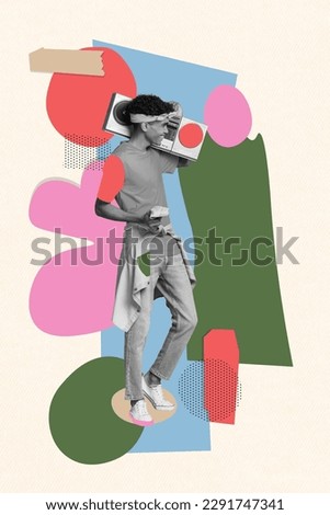 Photo cartoon comics sketch collage picture of funky cool guy listening boom box isolated creative background