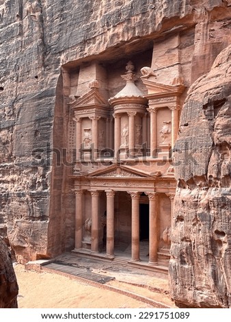 Ancient Petra in Jordan. Al Khazneh, the Treasury, in historical and archaeological site in Jordan. Famous destination for visit. Royalty-Free Stock Photo #2291751089