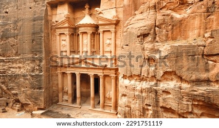 Ancient Petra in Jordan. Al Khazneh, the Treasury, in historical and archaeological site in Jordan. Famous destination for visit. Royalty-Free Stock Photo #2291751119
