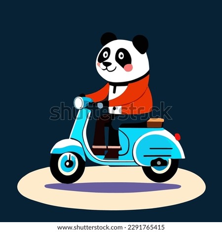 Panda rides a motorcycle, flat cartoon design for cute animals, premium and simple vector art