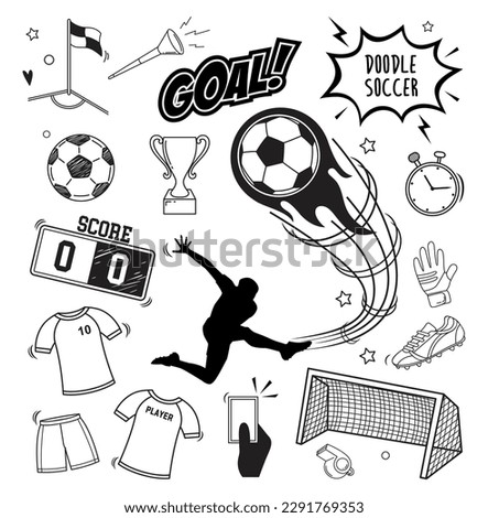 Doodle vector set: Soccer sport equipment and objects such as soccer ball, jersey, goal, score, etc. Black and white line illustration