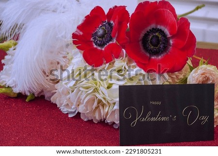 Happy Valentine's day! Card, online banner, greeting card, on Valentine's Day,  Bouquet of flowers with a business card                               