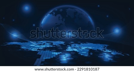 Vector illustrations of Abstract blue futuristic globe digital economic or metaverse with glowing particles around.Digital innovation and technology concepts. Royalty-Free Stock Photo #2291810187