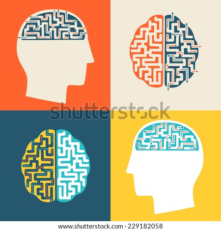 Collection of flat design colored vector illustration concepts for intelligence, intellectual work, productivity, creativity, efficiency