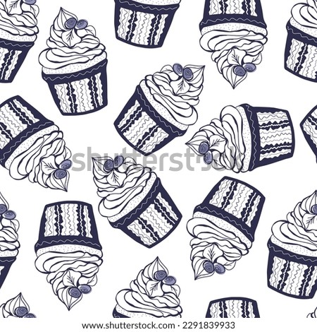 Seamless pattern with blueberry dessert. Doodle hand drawn blueberry cupcake with cream and berries in a seamless pattern on a white background