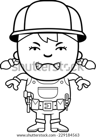 A cartoon illustration of a construction worker girl with an angry expression.