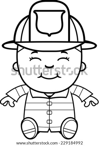 A cartoon illustration of a firefighter boy sitting and smiling.