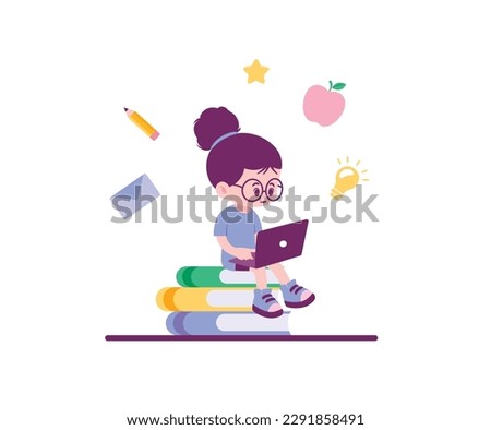 Online course student with laptop cute character girl with glasses vector in flat colors