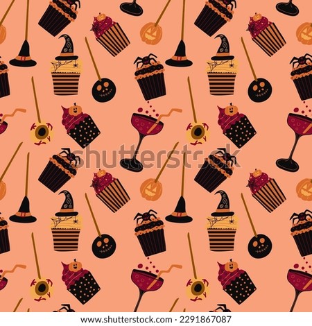 Halloween sweets pattern.Vector candies with halloween elements and ornaments. Many types spooky dessert. Colorful treats background. Hand drawn realistic delicious,candy corn, pumpkins, eyeballs.