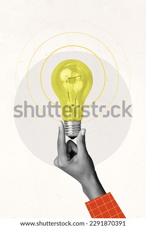 Vertical collage image of black white colors arm fingers hold light bulb isolated on painted white background Royalty-Free Stock Photo #2291870391
