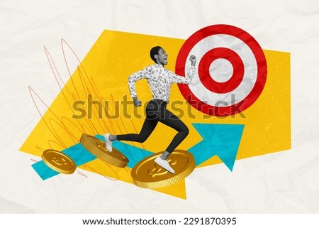 Creative photo illustration collage of energetic ambitious funny woman running towards her goal on coins isolated drawing background
