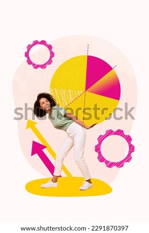 Vertical collage picture of mini positive girl arms hold huge stats diagram cogwheel gear growing arrows upwards isolated on white background Royalty-Free Stock Photo #2291870397