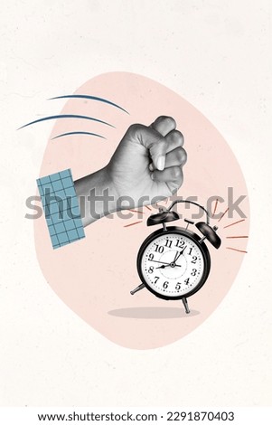Vertical collage image of black white gamma arm fist punch hit bell ring vintage clock isolated on creative white background