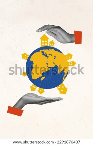 Vertical collage picture of two black white effect arms palms protect mini planet earth globe houses buildings isolated on creative background