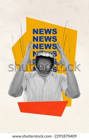 Banner collage poster of angry guy with open mouth shouting loud feel fatigue about many global news around